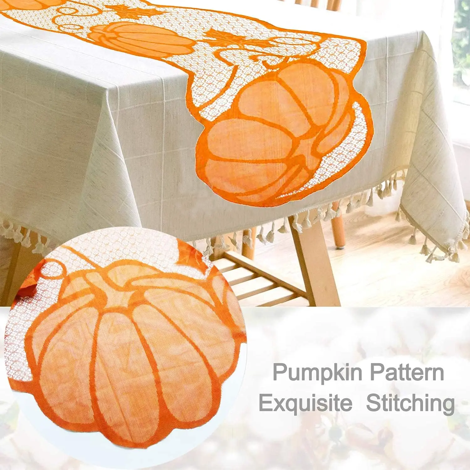 Fall Table Runner Fall Decorations for Home 13 x 72 Inch Maples Leaves Pumpkin Thanksgiving Table Runner Autumn Harvest Orange Lace Runners Thanksgiving Table Decor for Home Dining Party (Orange)