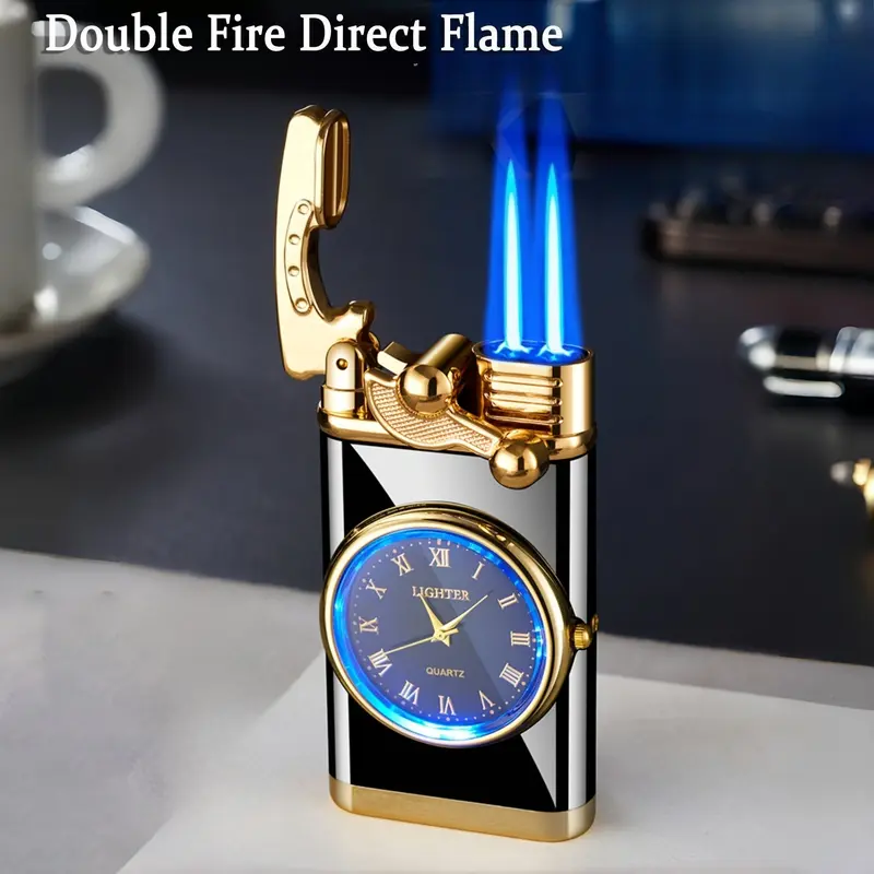 (Butane Gas NOT Included) Windproof Butane Refillable Lighter - Double Flame, Adjustable Flame, Blue Vintage Classic Pocket Lighter Accessory, Heavy-Duty Outdoor Ignition, Ideal Gift for Camping (Butane Gas Not Included), Windproof Lighters