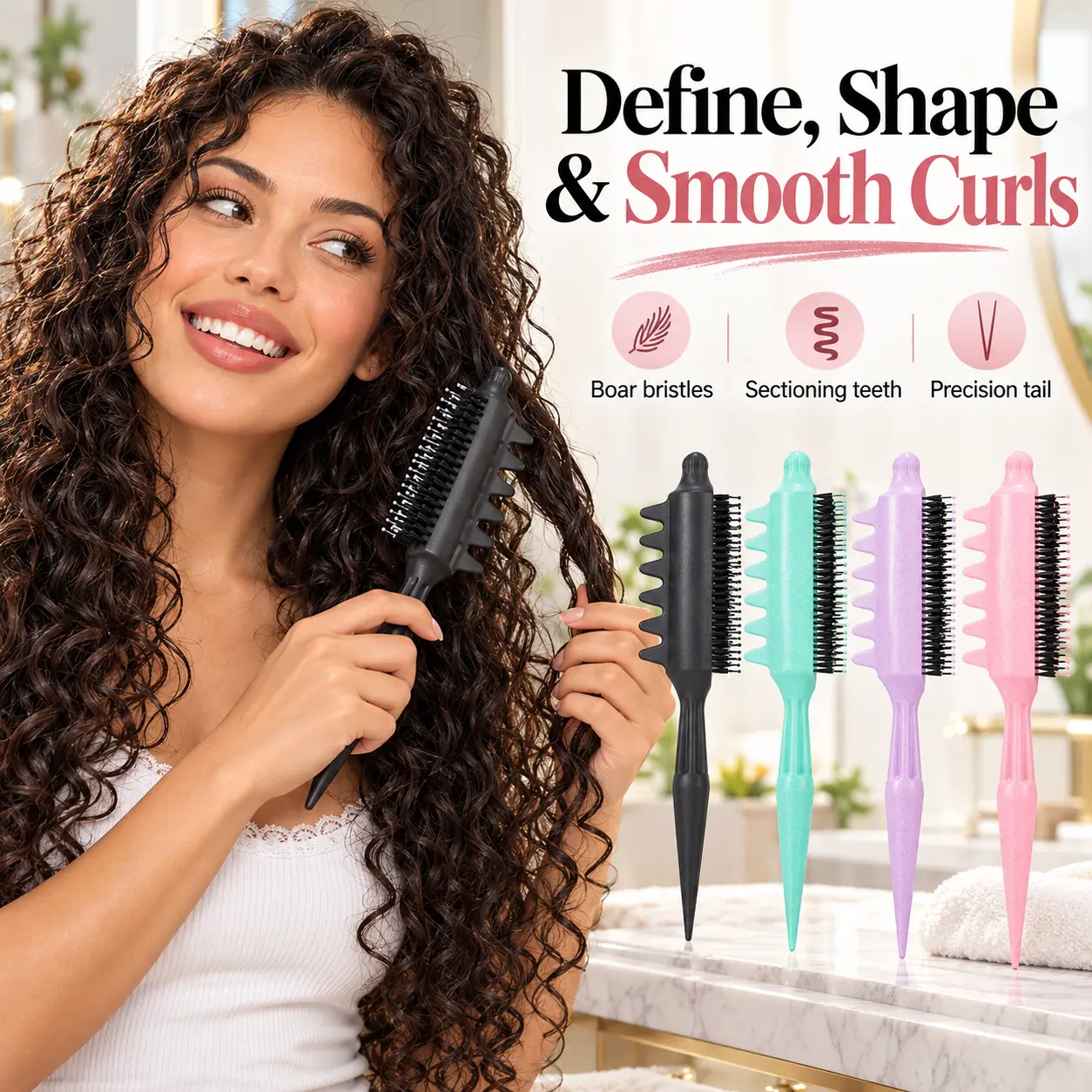 Boar Bristle Curl Defining Brush with Rat Tail, Flexible Multi-Row Styling Comb for Bouncy Curls, Detangling & Sectioning, Salon Teasing Comb for Volume, Updos & Smooth Shiny Hair  2（ /  / ）：