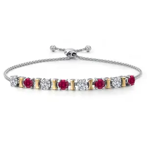 925 Silver and 10K Yellow Gold Lab Grown Diamond and Red Created Ruby Bracelet For Women | 2.08 Cttw | Gemstone April Birthstone | Round 4MM | Adjustable up to 9 Inch