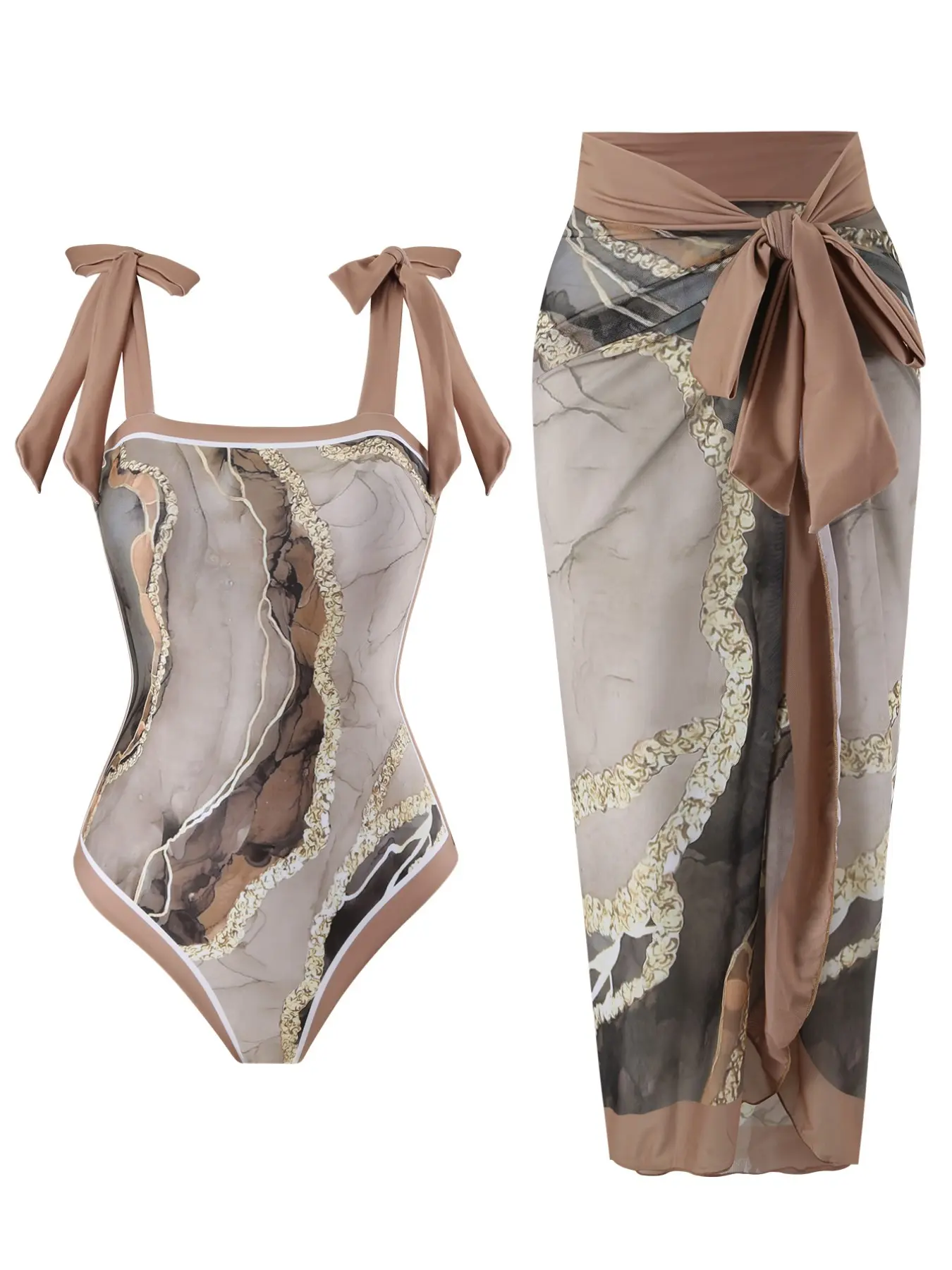 Summer Marble Print One-Piece Swimsuit and Half-Transparent Mesh Short Skirt 2 Piece Set, Women's Swimwear, Casual Beach Wear, Swimsuit Cover Up, Beachwear Cover Up, Swimwear Coverups
