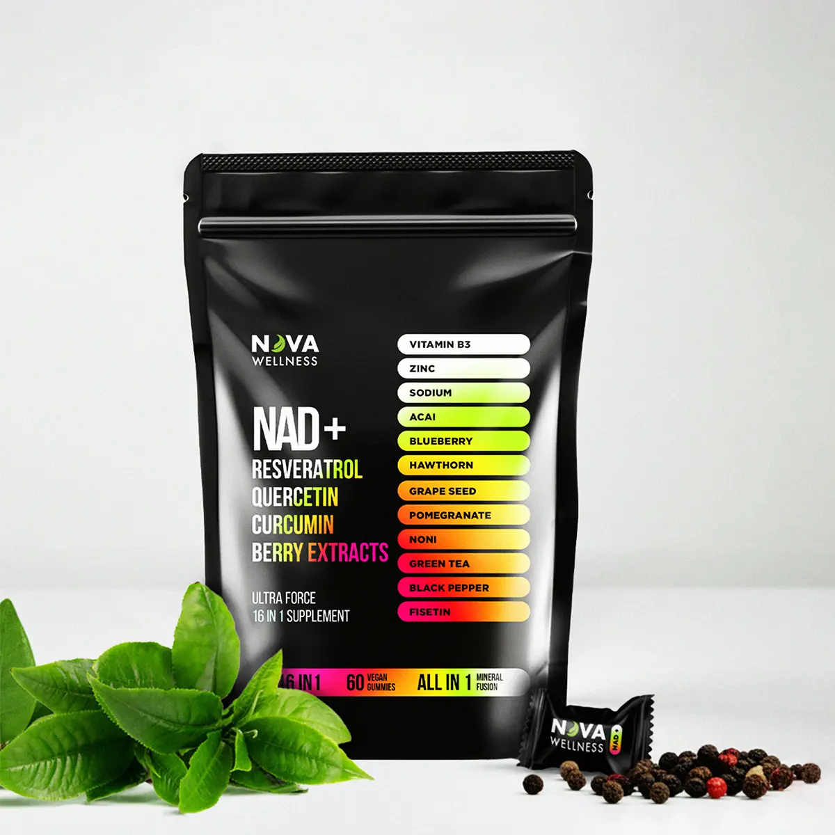 NAD+ Vegan Gummies 1000mg — 16-in-1 Formula with Resveratrol, Quercetin, Curcumin, Green Tea, Fisetin, Zinc Picolinate & B3 — 0g Sugar, Pectin-Based, Antioxidant Cellular Energy Support — 60 Count / 30 Servings