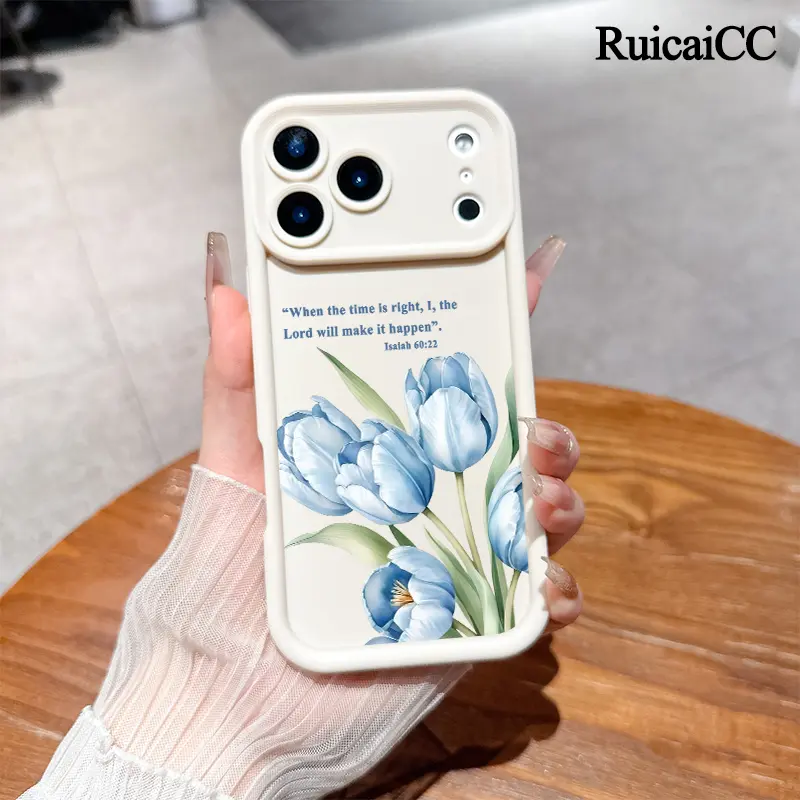 TPU Bumper Smartphone Case for iPhone 17,16 Pro Max,15 Plus,14 Pro Max,14,13,12,11 - Air Blue Tulips Pattern with Isaiah 60:22 Quote, Camera Lens Protection, Shockproof Durable Handheld Cellphone Devices Accessory with Resistance