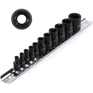 11 count E-Torx Socket Set with Rail, CR-V, 1/4" and 3/8" Drive, Female External Torx  Socket Set, E4 - E20