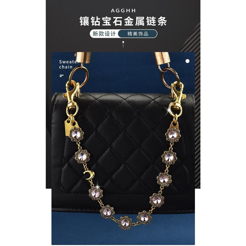 Retro and fashionable oval carved rhinestone bag chain, metal crossbody bag chain for women, bag chain