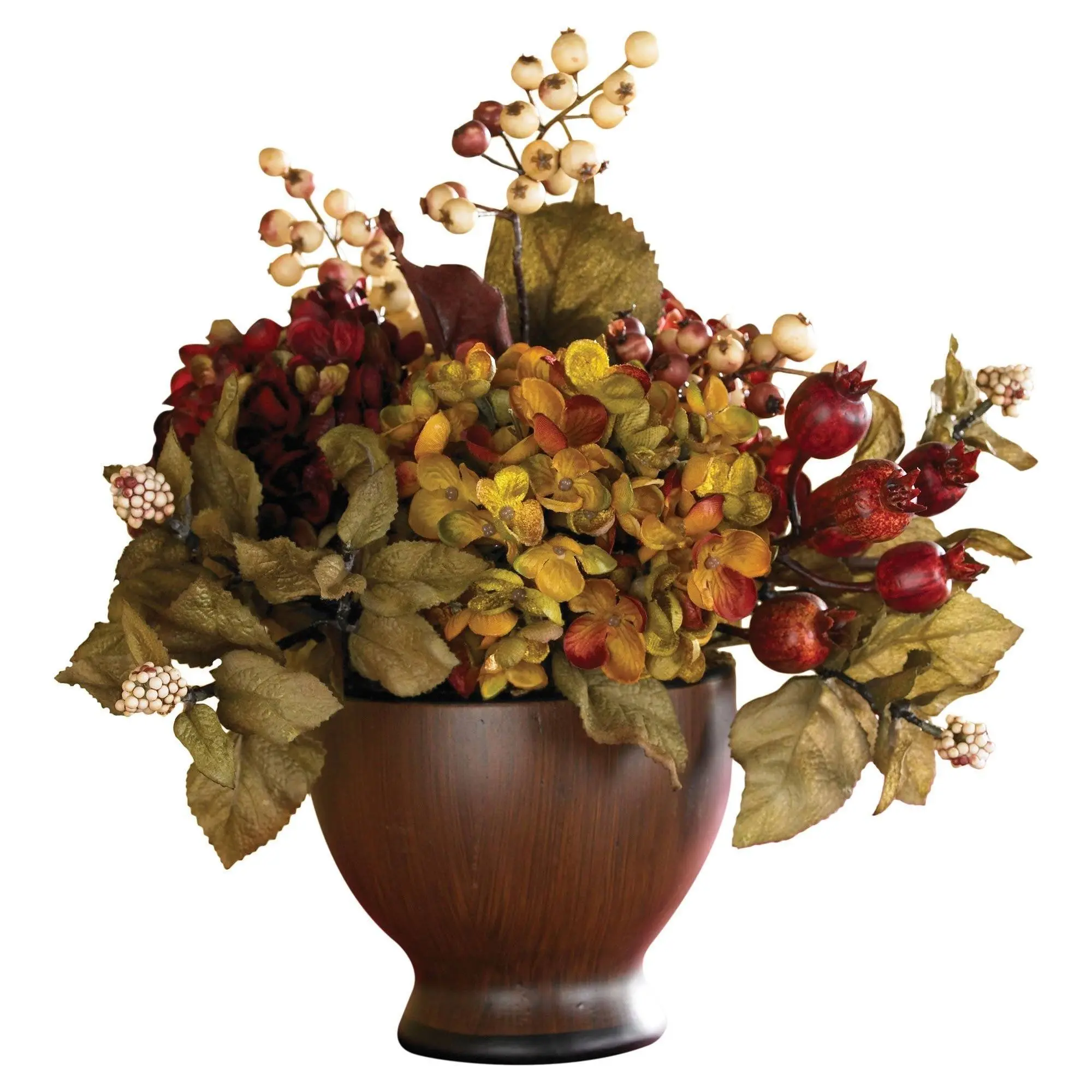 Autumn Hydrangea Flowers Bouquet with Round Vase, Synthetic Decorative Artificial Plants, Home Decor for Dining Room Table