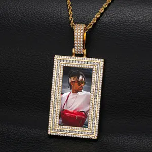 Hiphop Jewelry Memory Rectangle Photo Necklace Three Rows Zircon Tide Photo Frame Pendant Iced out Cuban Link Chain High Quality