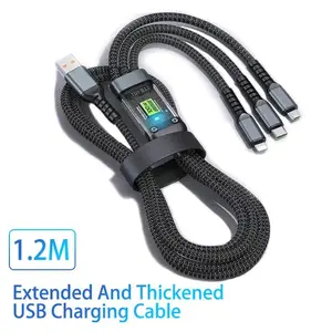 100W Multi Charging Cable 3 in 1 Multi USB Charger Fast Charging Cable Transparent With LED Indicator Nylon Braided Multiple Charger Adapter Cord With Type C Micro USB Port For Cell Phones Tablets