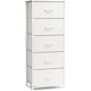 Tall Dresser Vertical Storage Tower - Sturdy Steel Frame,  Top, Easy Pull Fabric Bins - Organizer Unit for Bedroom, Hallway, Entryway, Closets - 5 Drawers(White)
