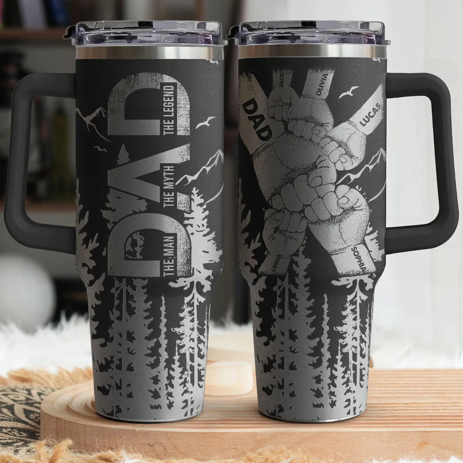 Engraved Personalized Dad 40oz (1,000-2,000 ml) Stainless Steel Vacuum Flask Tumbler - Kitchenware Drinkware with Forest Kids' Names for Father's Day Birthday Gifting to Dad, Grandpa (Plant-Themed Accent), Flasks, Plants