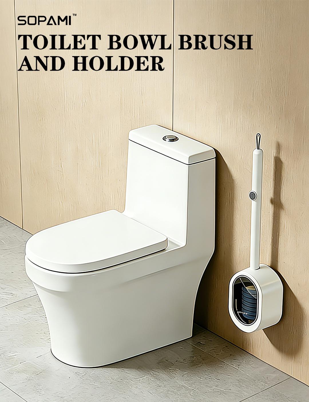 SOPAMI Wall Mount Disposable Toilet Brush Kit with 16/32 Replaceable Brush Heads Rotating Universal Brush Head All Round Deep Clean Toilet Bowl Gap Odor Reducing Mess-Free Small Bathroom Supply
