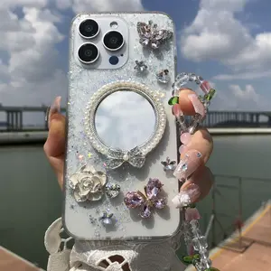 Rhinestone Decor Phone Case, Mirror Flower Butterfly Decor Phone Protective Cover with Lanyard, Phone Accessories Compatible with iPhone 16 15 14 13 12, Decorative Smartphone Protector