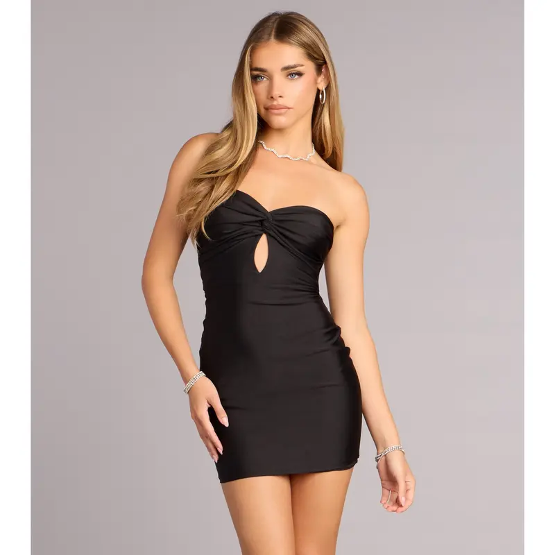 knee length dresses for ladies Miss Circle Women's Nova Black Contoured Sweetheart Puff Sleeve Mini Dress main image 1