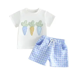 Babamoon Toddler Baby Boys Easter Outfits Carrot Patch Embroidered Crew Neck Short Sleeve Tops with Plaid Shorts 2Pcs Clothing Set 3M-3Y