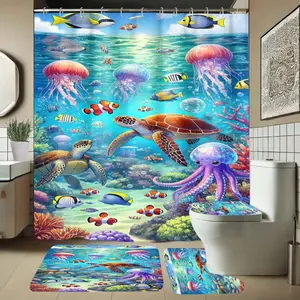 Underwater World Shower Curtain Set with Rug, Includes Hooks, Non-Slip Bath Mat, U-Shaped Toilet Lid Cover, Bathroom Decor, Bathroom Decoration Accessories