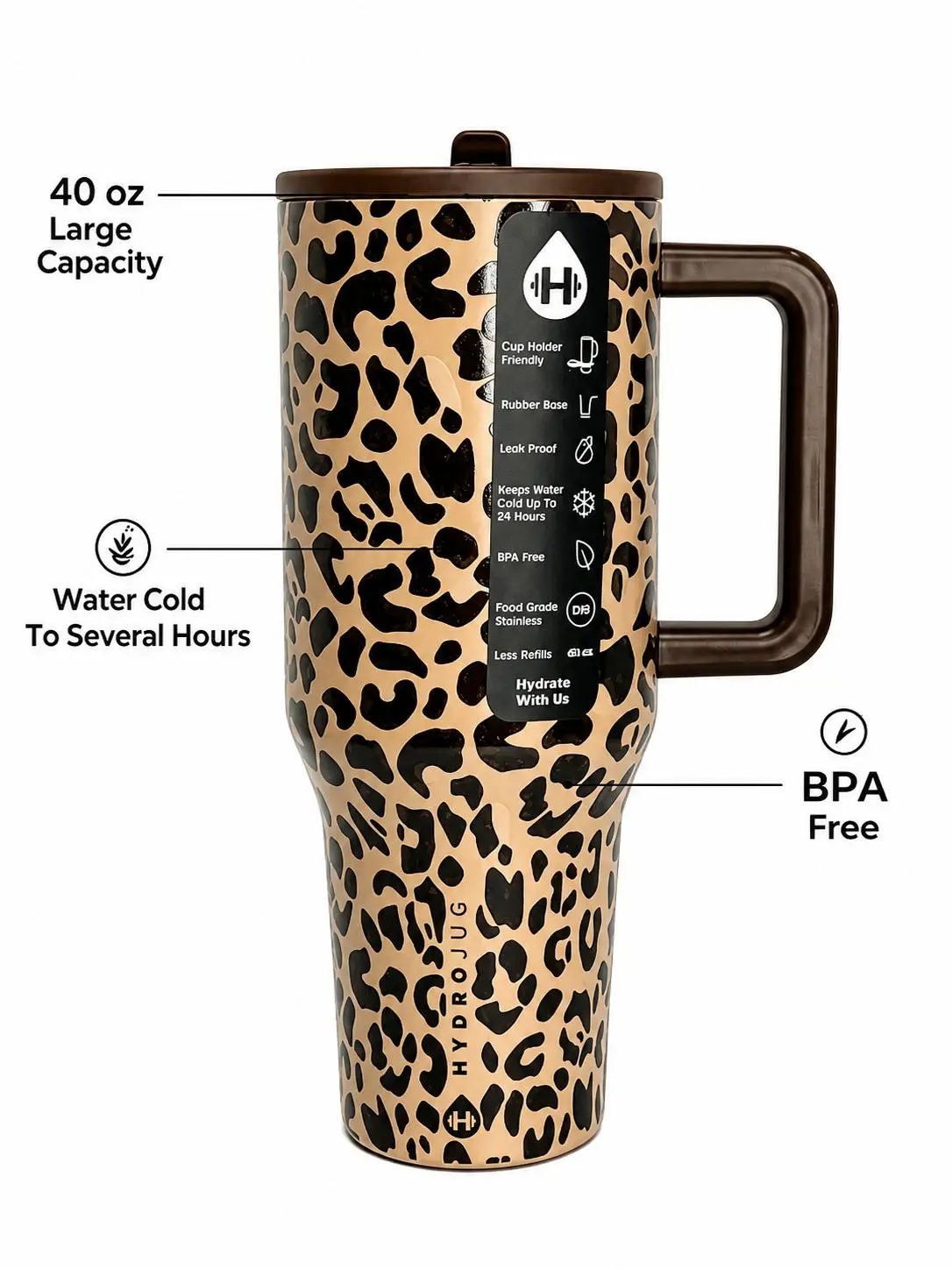HydroJug 40oz Stainless Steel Insulated Water Bottle - Portable Vacuum Flask, Stylish Leopard Print, Handle, Flip-Top Straw, Car Cup Holder-Fit, Non-Slip Bottom, Ideal for Commuting, Outdoor Activities