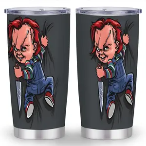 1pc Chucky & Tiffany Horror Movie Tumbler - Chucky Film Collectible Cup with Iconic Characters, 20oz Leak-Proof Lid, 304 Stainless Steel Cup for Fans, Birthday/Christmas, Reusable & Durable