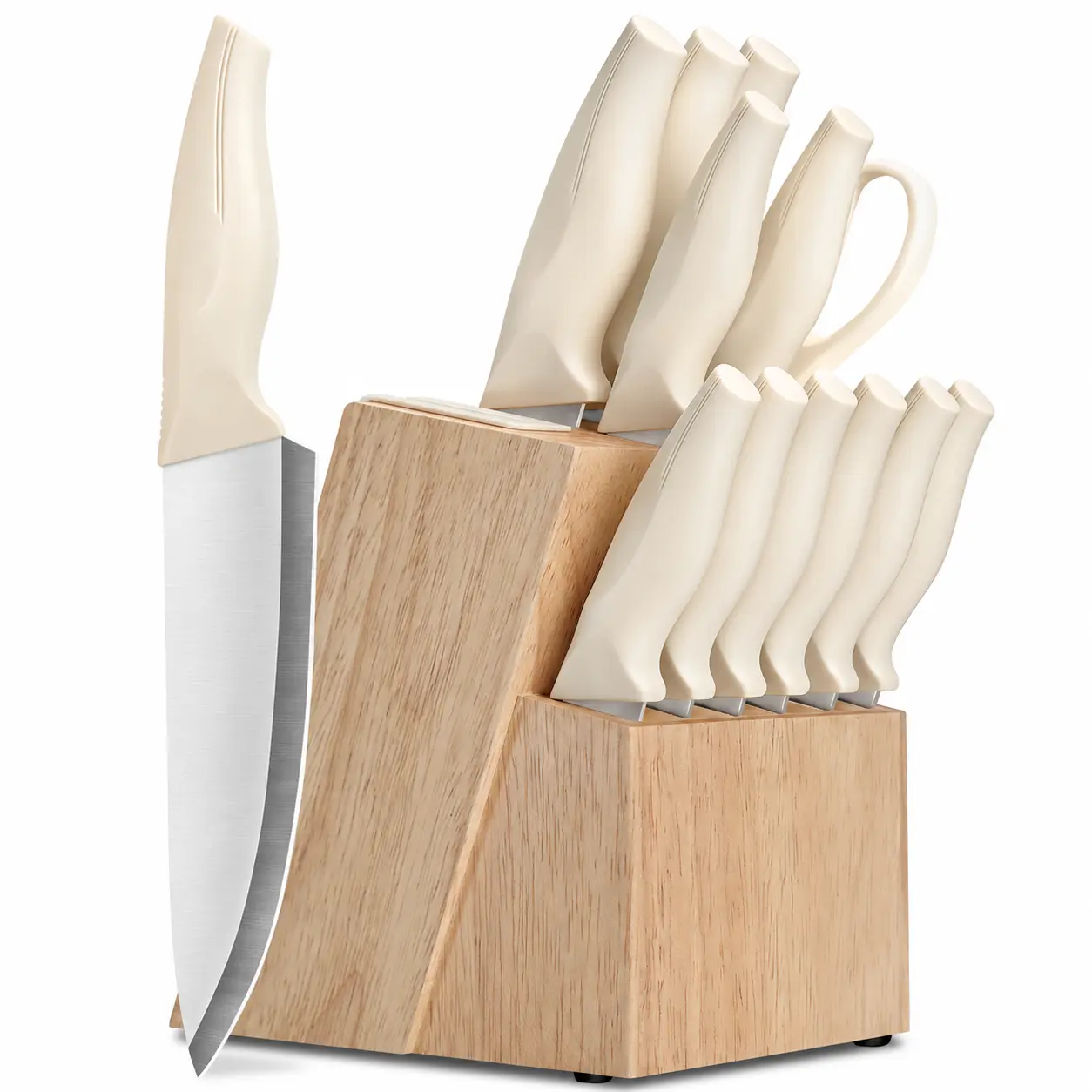 14-Piece Self-Sharpening Black Kitchen Knife Set with Block, Stainless Steel Blades, Built-In Knife Sharpener, ABS Non-Slip Ergonomic Handles for Home Cutting, Chopping and Slicing