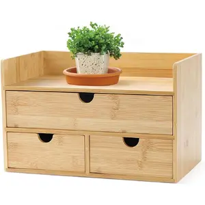 3 Drawer Bamboo Desk Organizer with Shelf Makeup Storage & Tabletop Organizer for Home Office, Workspace, or Bathroom No Assembly Required