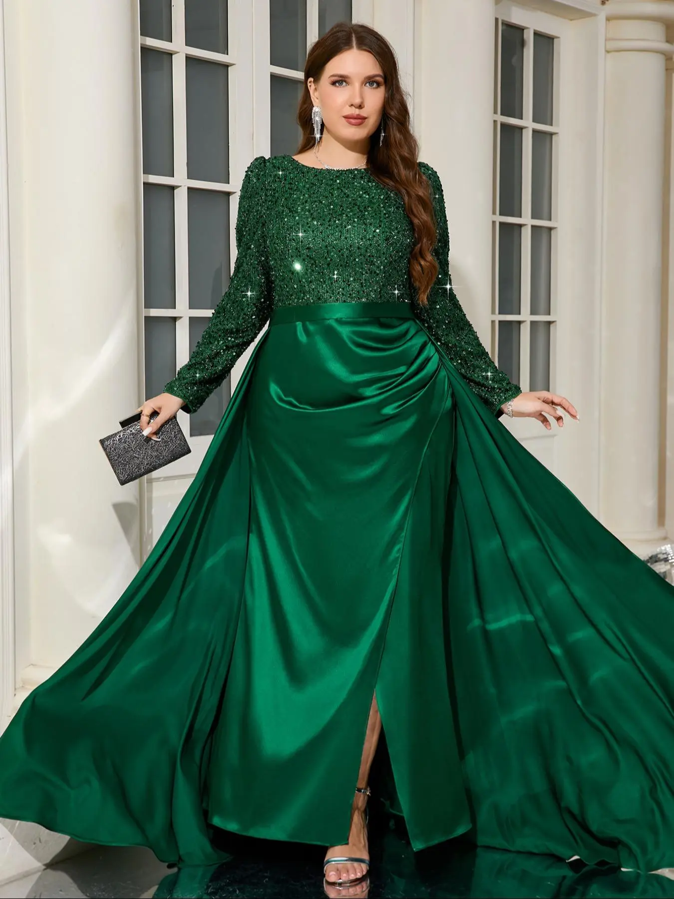 [Plus Size] Glitter Sequins Satin Evening Dress, Elegant Round Neck Long Sleeve Dress for Party Evening Formal Occasions Formal Wear, Women's Clothes for Spring & Fall, Evening Sequin Details, Evening Party Gown