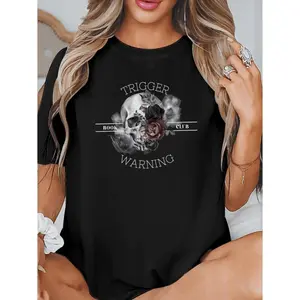 Women's Seamless Short-Sleeve Streetwear Sports T-Shirt - Polyester Knit Fabric, Trigger Book Club Warning Print, Ideal Gift for Book Enthusiasts, Summervibes, Shortsleeve