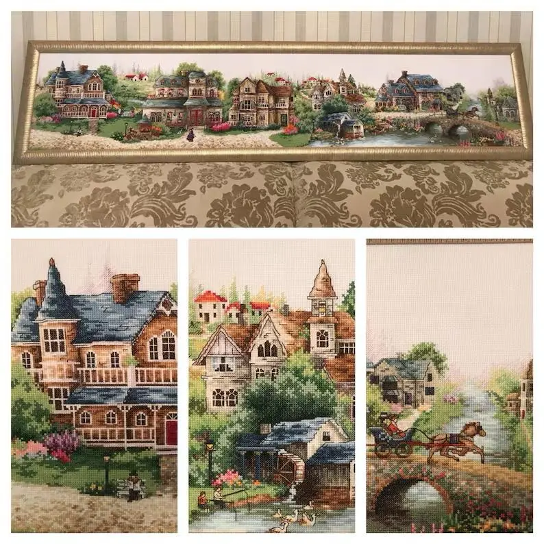 [KZ-JJ696-European town] Green Village 11CT 14CT 16CT Stamped Cross Stitch Kit for Adults Beginners, Pre-Printed Canvas Embroidery Set with Cotton Threads and Needles