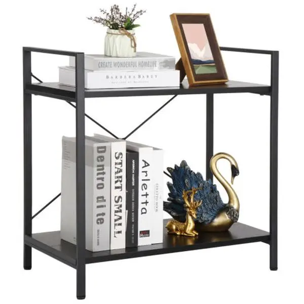 2-Shelf Low-Height Metal Bookcase Furniture with Metal Frame, Durable Retro Home Supply Storage, Compact Organizer for Small Homes' Hallway & Bedroom, Quick-Setup 13.66lbs Holder