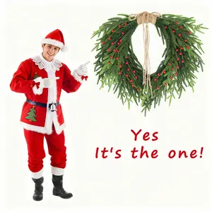 24 Inch Norfolk Spruce Christmas Wreath with Berries and Twine Bow, Realistic Soft Branches, Indoor and Outdoor Holiday Decor