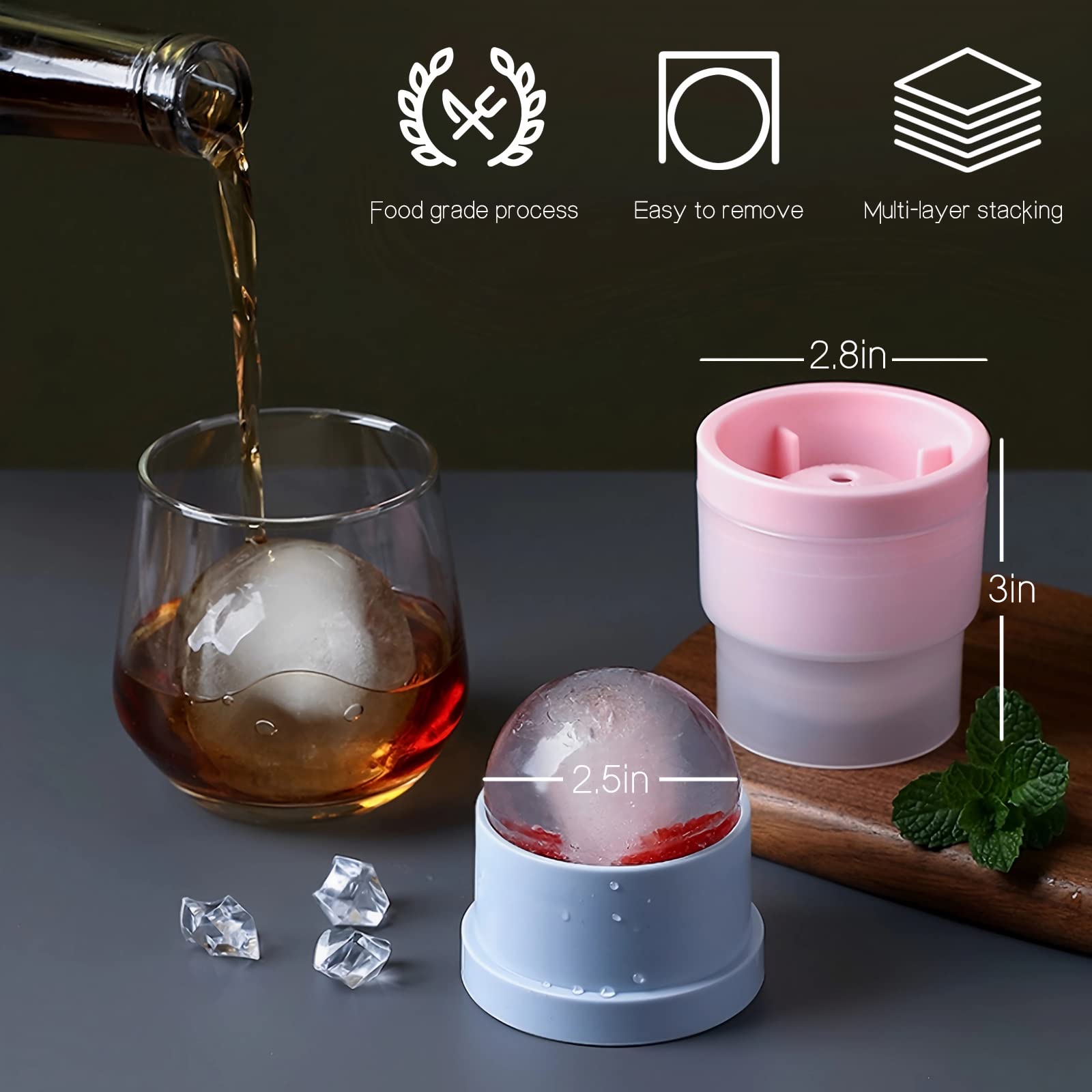 6 Pack Ice Ball Maker, Round Ball ice Cube Mold for Whiskey, Cocktails Juice Beverages, Bourbon, Old Fashioned Clear Ice Cube Mold, Silicone Freezer Press