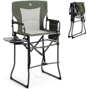 Portable 30.7" Seat Height Tall Folding Camping Chair Directors Chair High Foldable Bar Stool with Side Table for Makeup Artist,  Event, Craft Show, Supports 350LBS