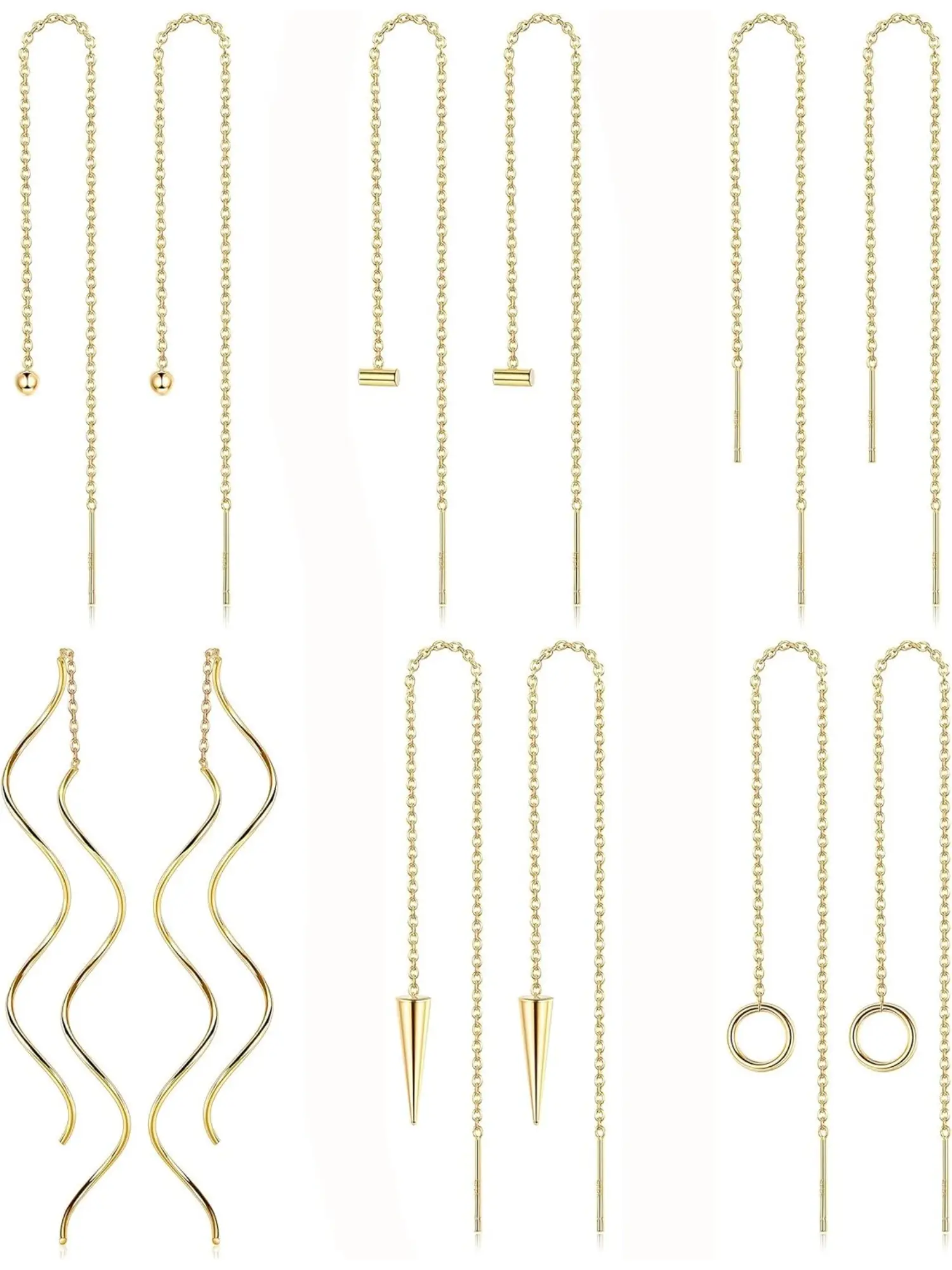 6 Pairs Shiny Golden Stainless Steel Long Link Fringe Earrings, Dangly Earrings for Women Men Ultra-Light Curved Wave Threader Ball Swing Drop Clean Modern Chain Set Skin-safe with Glossy Durable Hypoallergenic Dangling Earrings Lightweight Earring