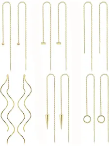 6 Pairs Shiny Golden Stainless Steel Long Link Fringe Earrings for Women Men Ultra-Light Curved Wave Threader Ball Swing Drop Clean Modern Chain Earring Set High-grade Skin-safe Stainless Steel with Glossy Durable Hypoallergenic Gentle on Sensitive Ears