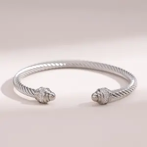 Twisted Thread Open Bracelet for Men and Women - S925 Pure Silvery Inlaid with Premium Zirconia, Hip-Hop Light Luxury Style The Best Choice Birthday Party, Anniversary, Valentine's Day, Christmas Gift 1 Pair