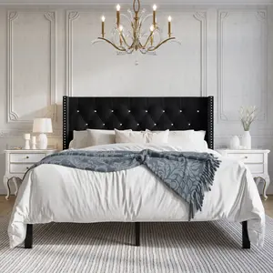Ffyona Velvet Wingback Tufted Upholstered Bed - Classic Diamond Button-Tufted Design & Nailhead Trim - Durable Solid Wood Construction - Available in Four Sizes & Six Colors
