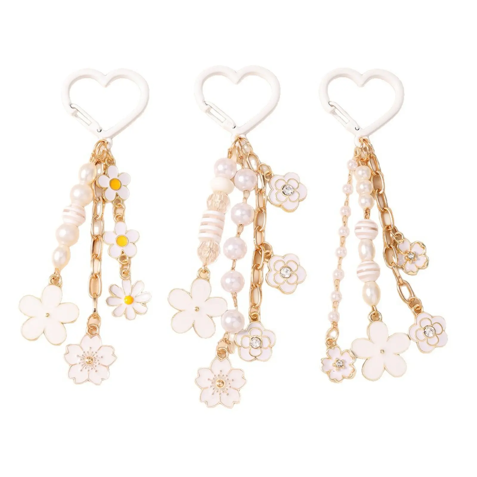 Keychain with Beaded Daisy Flowers, a Casual Unisex Bag Charm with Faux Pearl Details for Luggage and Purses, Fashion, Beaded Pearls, Daisy Flower Keychain, Pearl Beaded Flower Keychain