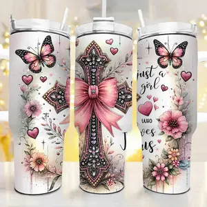 Girl Who Loves Jesus Tumbler, Pink Bow Cross Aesthetic Tumbler, Christian Gift, Bible Verse Tumbler, Girly Faith Gift, Christian Tumbler, Floral Faith Tumbler, Stainless Steel Tumbler