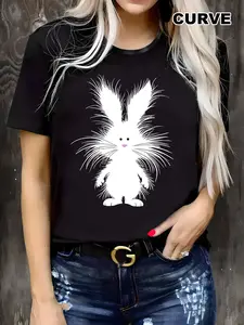 Casual T-Shirt Featuring a Cartoon Bunny Print for Plus-Size Women, Perfect for Easter And Outdoor Activities in Spring And Summer. This Black Top Has Short Sleeves, a Round Neck, And Is Machine Washable