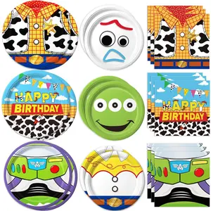 90Pcs Cartoon Birthday Party Supplies Cartoon Plates Napkins Tableware for Toy Theme Birthday Decor for 30 Guests