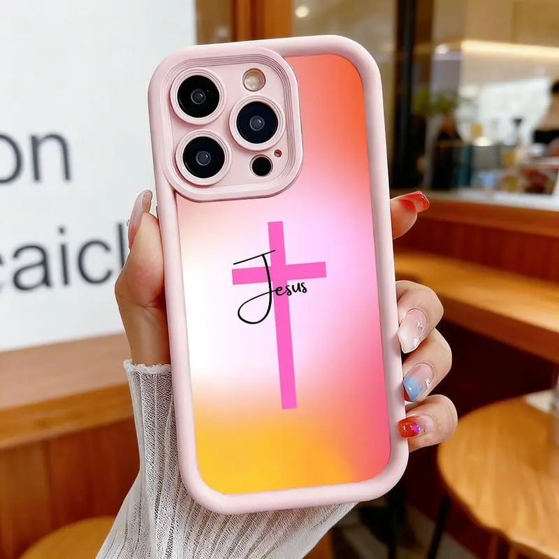 Gradient Jesus pink cross pattern phone case. Compatible with iPhone 17 Pro Max/16 Pro Max/15 Plus/14/13/12/11, TPU soft case. Compatible with Galaxy S26 Ultra/S25 Plus/S24/S23, Dopamine color. Compatible with Galaxy A54/A53/A33/A15.
