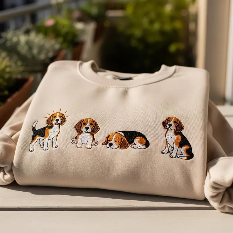 Beagle Dog Sweatshirt, Embroidered Style Beagle Crewneck, Cute Dog Lover Sweatshirt, Beagle Mom Apparel, Puppy Illustration Sweatshirt