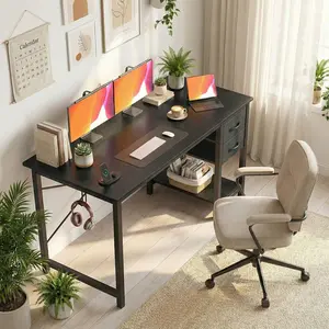 40 Inch Computer Desk with Drawers, Home Office Writing Desk with X-Shaped Reinforcement, Modern Study Work Table with Side Hook, Sturdy Metal Frame