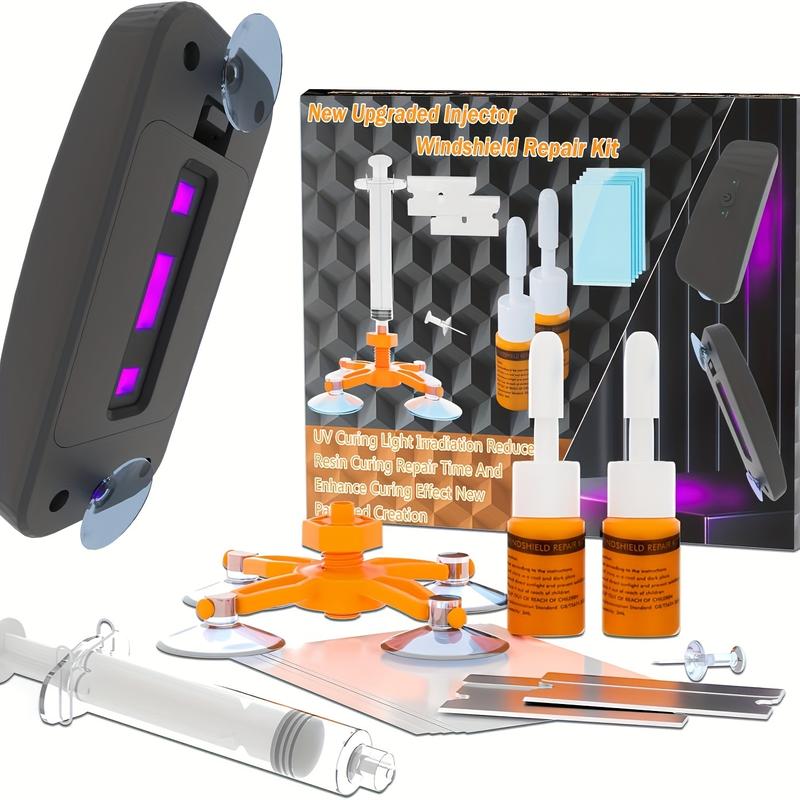 Windshield Repair Kit for Chips and Cracks, Rock Chip Repair Kit Windshield, for All Car Windshield Crack Repair Kit to Repair Scratches, with Curing and Pressurizing Device (Orange)