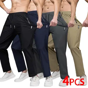 4-Piece Men's Long Pants with Streamlined Silhouette and Secure Zip Pockets, Engineered for Fitness Enthusiasts and Casual Wearers, Smooth and Airy Fabric Offers Unrestricted Movement and All-Day Freshness