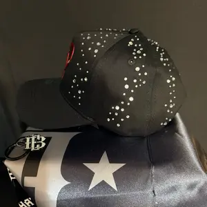 E-B Studded Black Baseball Cap with Red Logo Rhinestone Accents 5 Panel Adjustable Luxury Cotton for Stylish Outfits