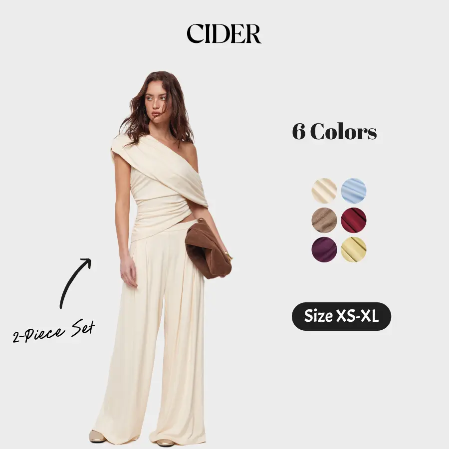 Cider 2-Piece Set Asymmetrical Neck Ruched Top & Mid Rise Wide Leg Trousers Set Summer SummerWins SummerFinds