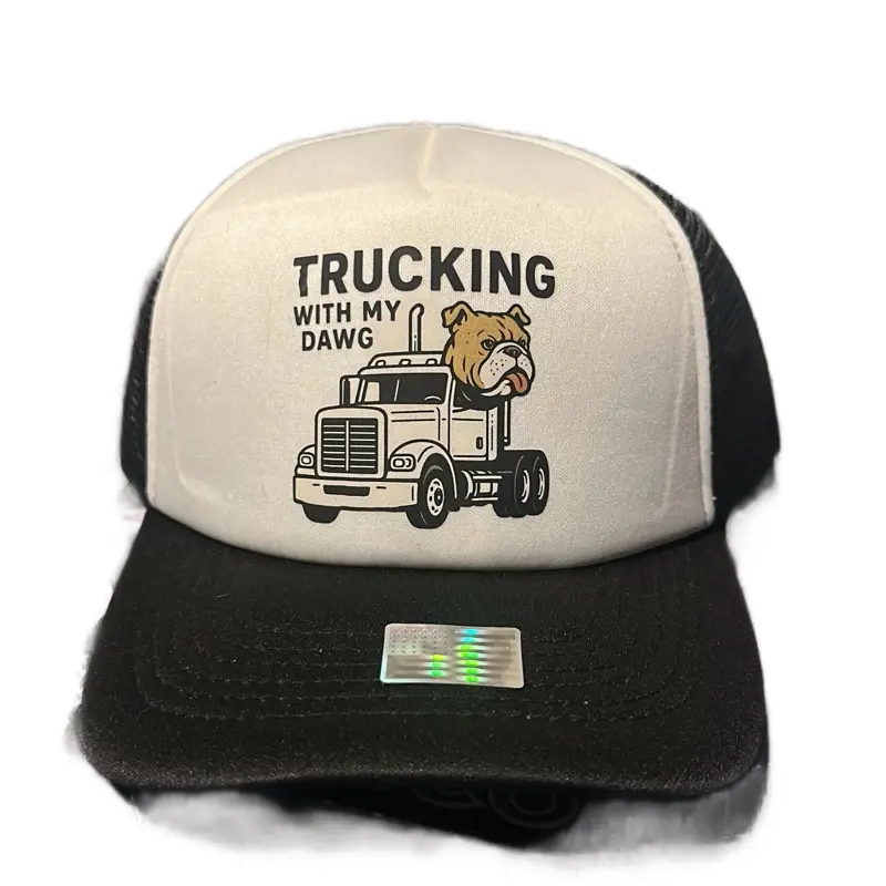 Trucking with my dawg Trucker Hat - white and Black Design with Bulldog Graphic