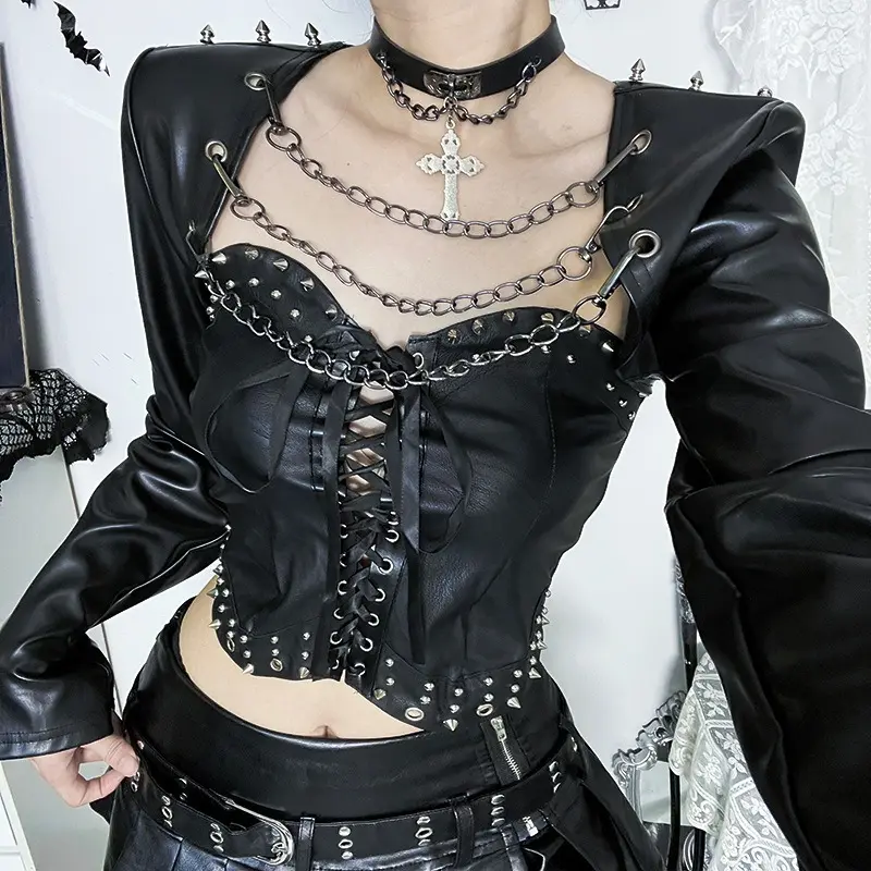 Gothic Rivet Chain Leather Crop Top & Pleated Skirt 2 Piece Set, Punk Corset Lace-Up Long Sleeve Outfit