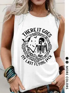 Women's Skeleton Skull & Letter Print Round Neck Tank Top, Casual Fashion Sleeveless Fit Top for Daily Wear, Ladies Womenswear Clothes for All Seasons, Socks, Halloween