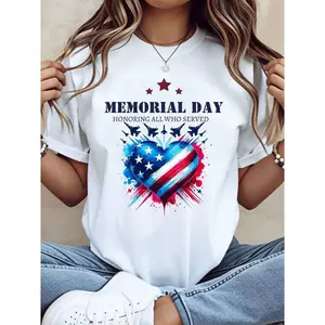 Memorial Day T-Shirt With American Flag Heart And Military Jets Print Honoring All Who Served Patriotic Design For Memorial Day Celebration, 220g