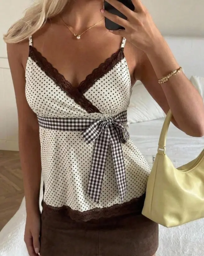 Women's Casual Elegant Spaghetti Strap Tank Top Summer Polka Dot Print Bow Knot Doll Style Contrast Color Design Spring Outing Top Vacation